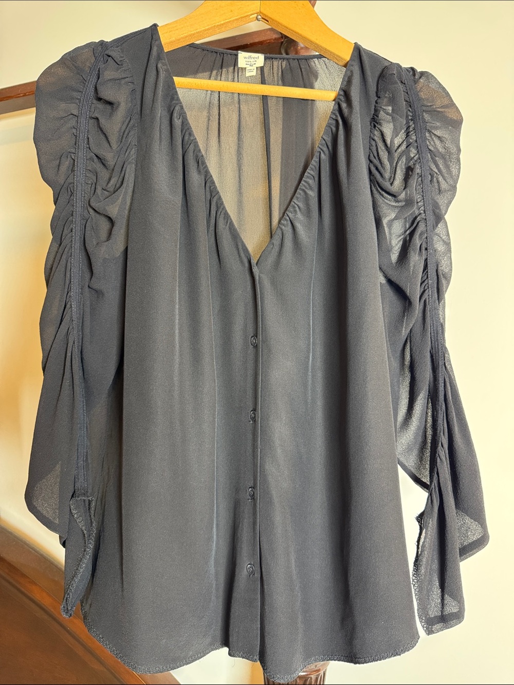 Wilfred Black Sheer V-Neck Blouse with Ruched Sleeves